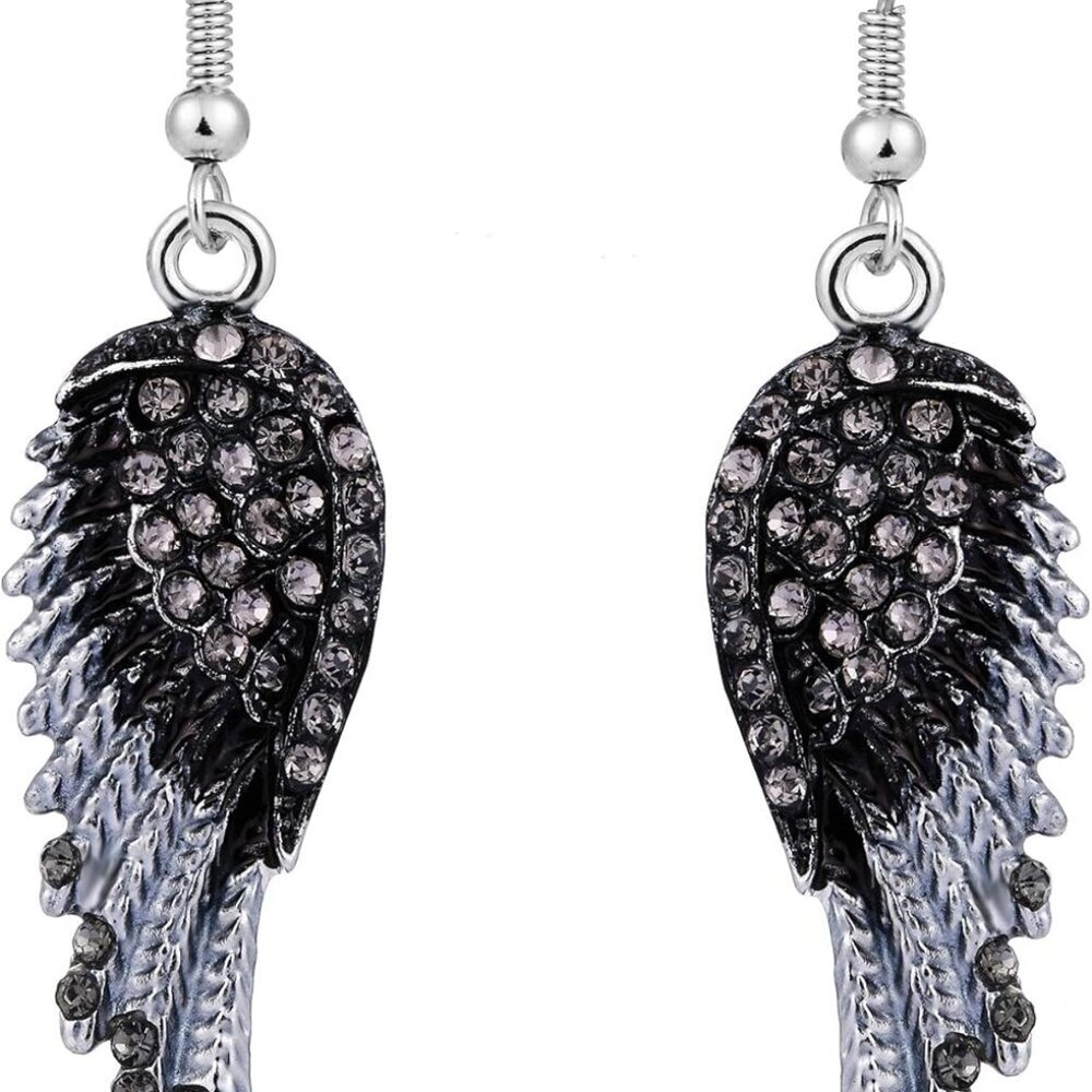 Angel Wing Hook Earrings Austrian Crystal Silver-Tone